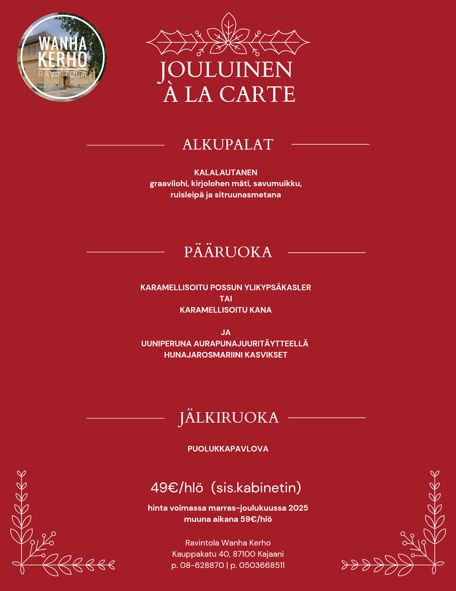 Kopio_ Red & White Classic Restaurant Christmas Dinner Menu_20250803_090127_0000 Tilausravintola - Ravintola Wanha Kerho